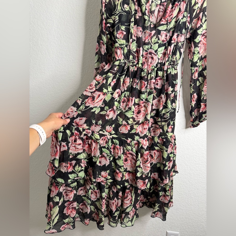 The Kooples 100% Silk Midi Dress With Roses Flowy Ruffled Sz 1= Small - Picture 8 of 16